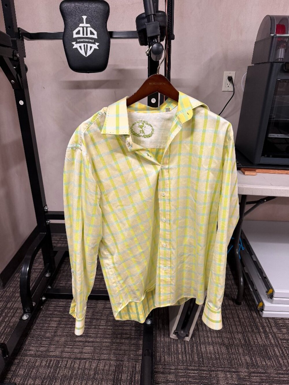 Bugatchi Yellow Green Plaid Tailored Fit Button-Up Shirt Size L